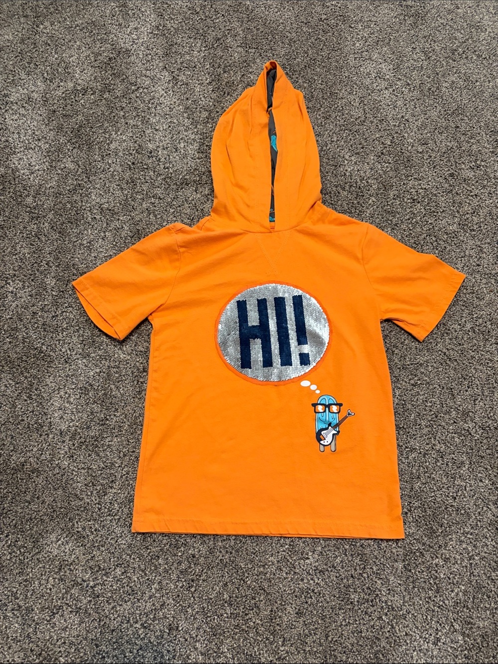 Boys Orange Hooded Short Sleeve Tee w/Silver HI! and BYE Sequin Bubble Size 10